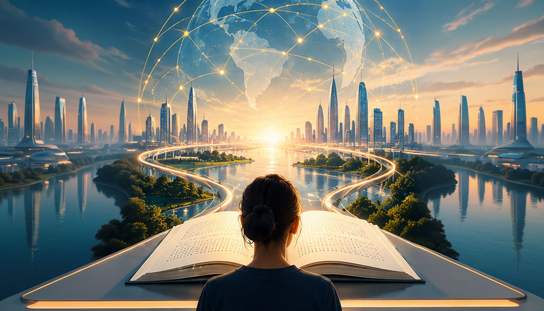 futuristic image of someone standing before a large braille book in front of an interconnected digital globe and future city skyline