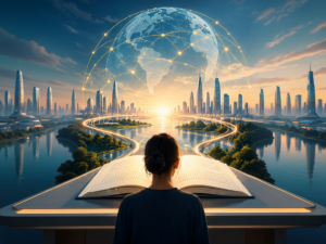 futuristic image of someone standing before a large braille book in front of an interconnected digital globe and future city skyline