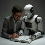 image of a man and robot working together on a book