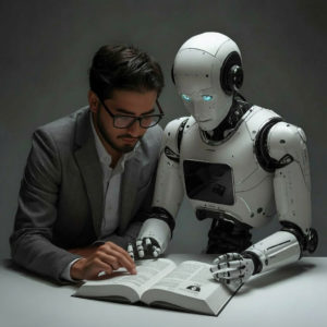 image of a man and robot working together on a book
